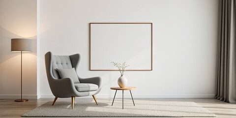Obraz premium Welcoming Interior Design with Grey Chair, Vase Table, Empty Frame