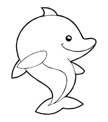 A blackandwhite line drawing of a smiling dolphin