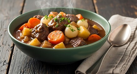 Rustic Beef Stew: A Hearty Meal on Dark Wood