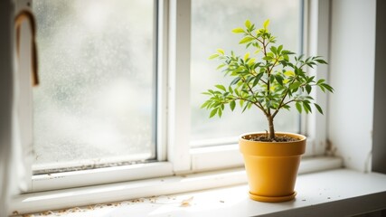 Young Oak Tree Sprout on Windowsill Potted