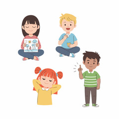 Cartoon Cute Children Illustration Sitting and Thinking with Different Facial Expressions