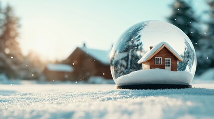 A beautifully crafted snow globe depicts a warm wooden cabin nestled in fresh snow, capturing the essence of winter magic and nostalgic holiday themes beautifully.