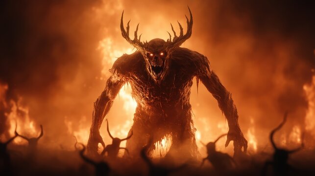 A menacing creature with antlers stands in flames, embodying the essence of fear and darkness, showcasing the stark contrast between horror and ferocity in a mesmerizing way. - Powered by Adobe