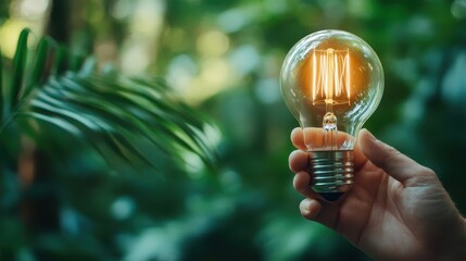 A hand holds a glowing light bulb amidst vibrant greenery, symbolizing innovation and sustainability, blending technology and nature beautifully in harmony.