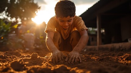 A joyful child engaged in playing with the soil during a beautiful sunset, capturing the essence of childhood joy, innocence, and connection to nature. A heartwarming moment of exploration.