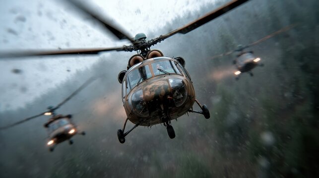 A dramatic scene of military helicopters flying through a rain-soaked forest, creating a powerful visual of strength, resilience, and intensity. The atmosphere is charged with tension.