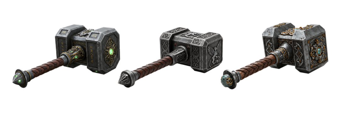 Fantasy Battle Hammers with Ancient Design On Isolated Transparent Background


