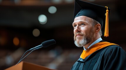 A distinguished man wearing a graduation cap addresses the audience during a graduation ceremony, highlighting the celebration of achievement and knowledge.
