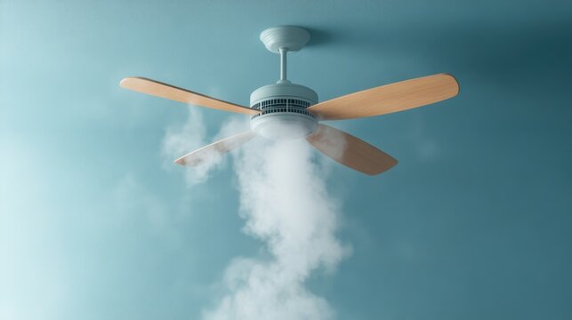 A ceiling fan spinning creates an abstract and artistic image with smoke drifting, combining motion and tranquility in a uniquely captivating visual experience.