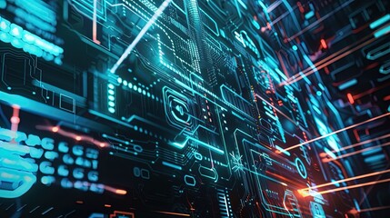 Dynamic C4D Cyberpunk Technology Background Design with Neon Holographic Interfaces, Mecha Components, Glitch Effects, and Dystopian Urban Landscapes &ndash; Incorporating Digital Grunge Textures, Futuristi