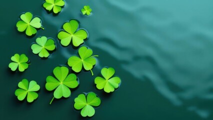 Four-leaf green clover for good luck on St. Patrick's Day, bright green background, holiday concept of spring, plant clover symbol.