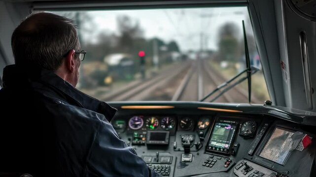 Train driver sitting in train cabin, carefully observing railway tracks while professionally operating locomotive with focused concentration and responsibility