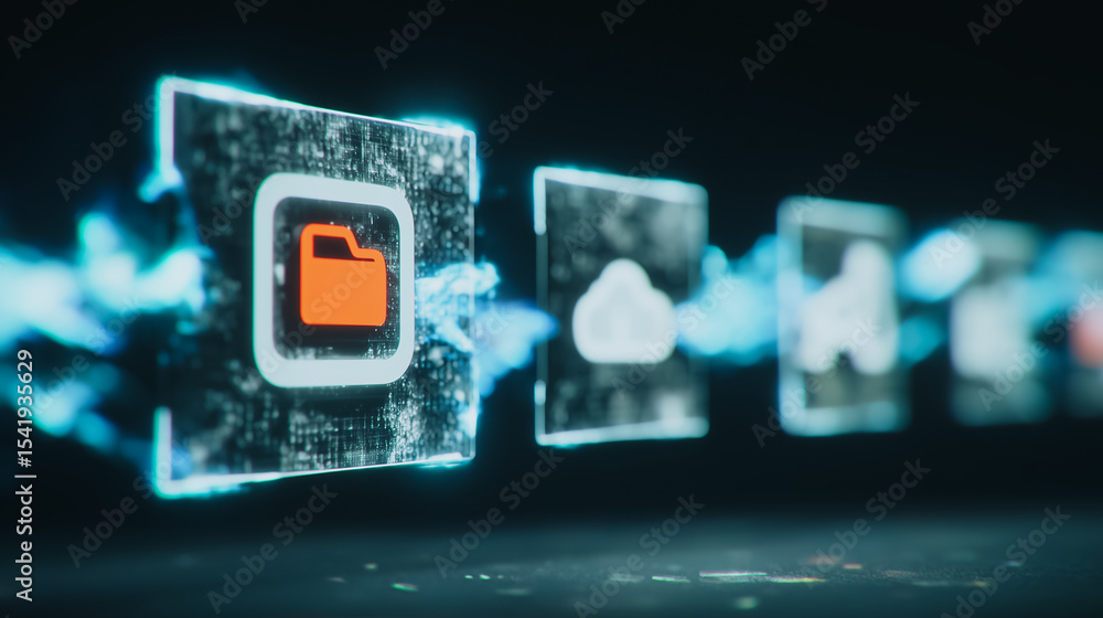 Poster digital data stream: a captivating abstract composition of digital icons, each symbolizing essential