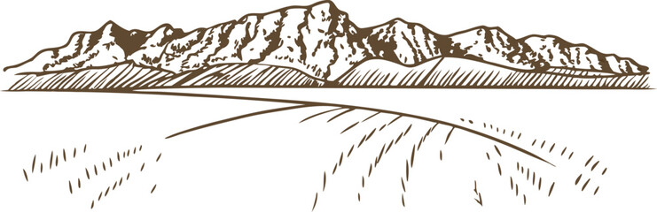 Mountain range with open field hand drawn landscape sketch, rural nature scene, hills, countryside illustration