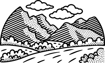 Hand drawn mountain landscape with bold lines, clouds, and bushes distinct monochrome doodle nature scene