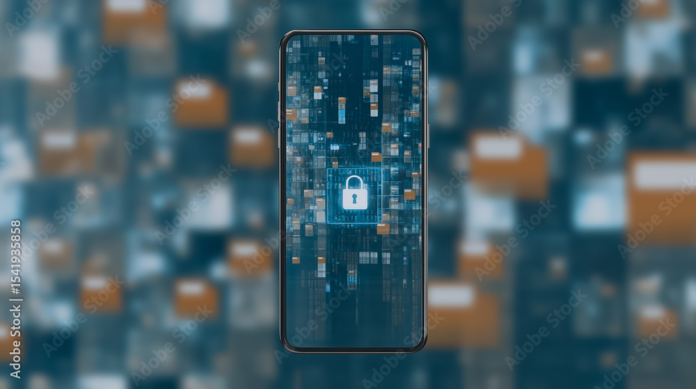 Poster secure mobile device: a sleek smartphone displays a prominent padlock icon, symbolizing data encrypt