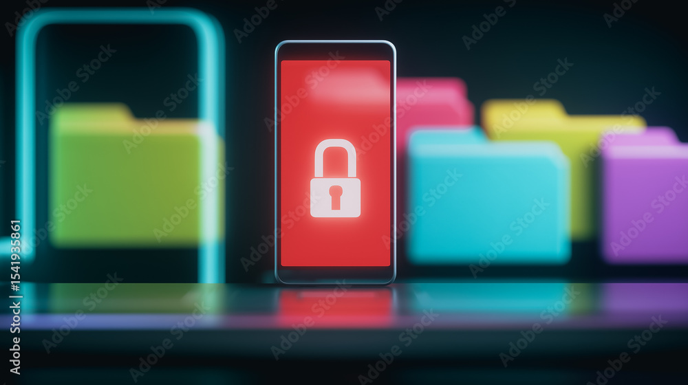 Aufkleber digital fortress: a smartphone stands as a digital fortress, its screen displaying a lock icon, symb