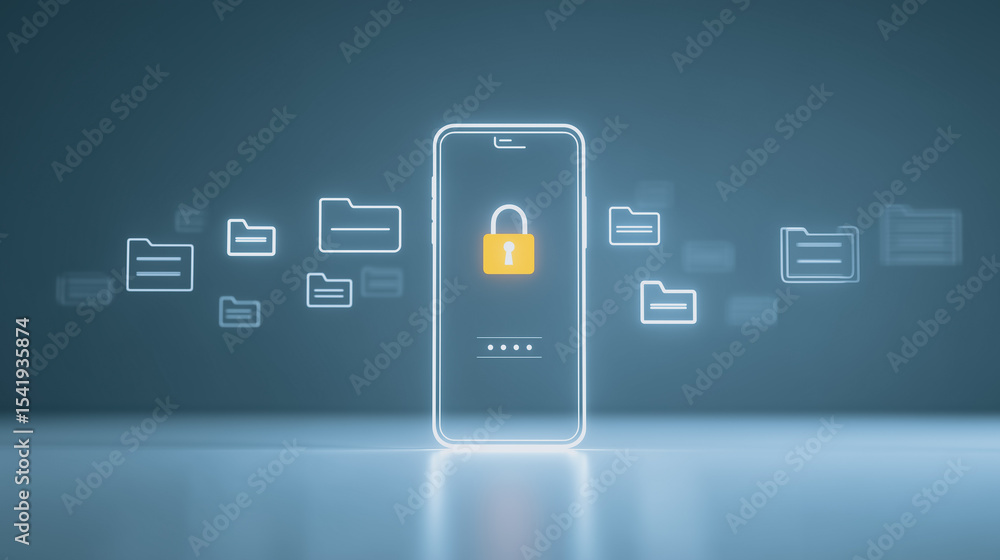Poster digital security and protection: a glowing smartphone, encircled by floating file folders, features 