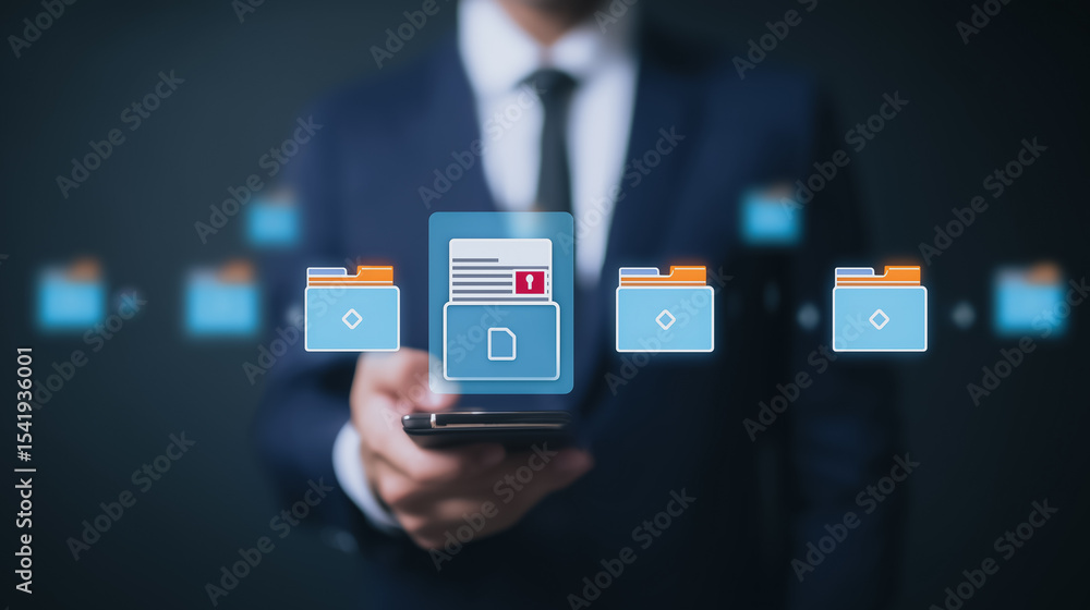 Poster secure data transfer: an elegant professional in a suit adeptly safeguards a digital file on a handh