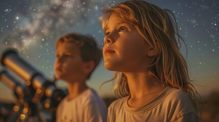Two children gaze at the night sky with telescopes, filled with wonder and curiosity, as the cosmos sparkles above them, igniting dreams of exploration and discovery.