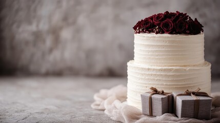 A stunning two-tier wedding cake beautifully decorated with red roses, symbolizing love, celebration, and elegance. This image captures the essence of special occasions and joy.