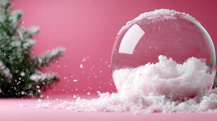 A whimsical snow globe filled with fluffy snow sits against a vibrant pink background, creating a playful winter scene that evokes nostalgia and childhood memories of joy.