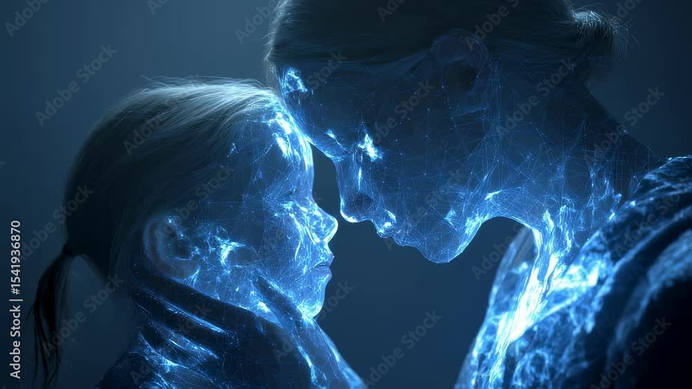 Aufkleber glowing energy particles flow between a mother and child, visualizing a deep connection and transfer