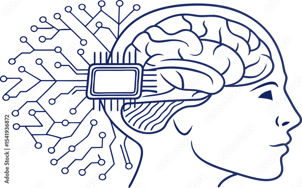 Aufkleber illustration of a human head with a brain and a computer chip connected by circuit lines design conc