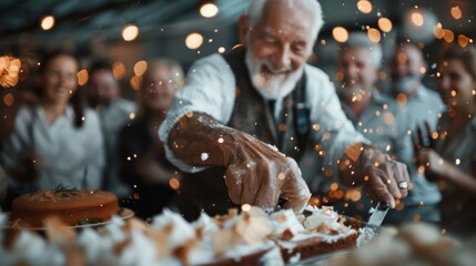 An elderly man's hands skillfully cut a delicious cake surrounded by joyful people, capturing the essence of celebration, love, and togetherness in a warm atmosphere.