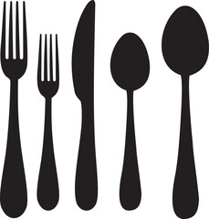 A collection of black silhouettes depicting various types of cutlery, including forks, knives, and spoons. This design is perfect for culinary-themed projects, restaurant branding, or any artistic end