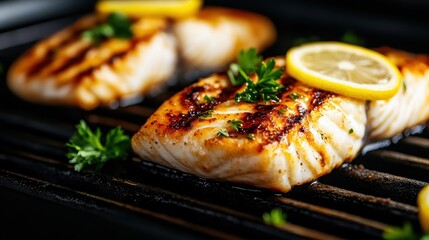 Experience the mouthwatering sight of perfectly grilled salmon fillets, enhanced by fresh lemon slices and garnished with parsley, ideal for healthy living and gourmet meals.