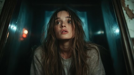 A woman captured in a moment of fear, her wide eyes expressing distress as she sits in a dark, eerie space, evoking emotions of suspense and intrigue.