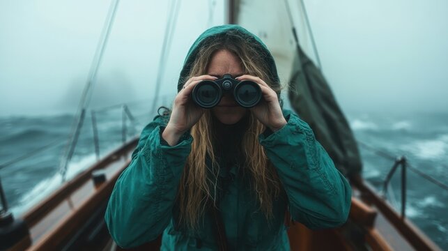 A determined young woman wearing a raincoat peers through binoculars on a sailing boat amidst a foggy, tumultuous sea, embodying the spirit of adventure and exploration.