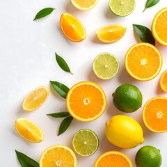 assorted citrus fruits including oranges, lemons, and limes arranged aesthetically on a white surface.