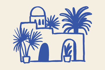 Mediterranean house and palm trees naive sketch vector illustration