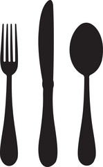 A stylish black silhouette of essential cutlery, including a fork, knife, and spoon. This design is perfect for culinary-themed projects, restaurant branding, or any artistic work related to dining an