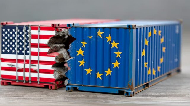 Two containers, one with a red, white and blue American flag and the other with a blue and yellow European flag