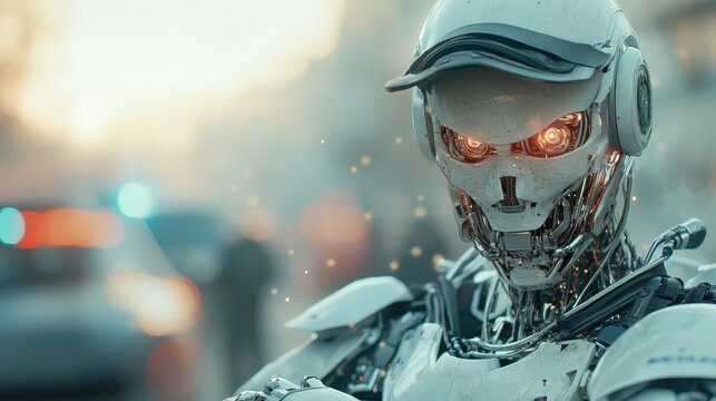 A sleek, humanoid robot stands in an urban environment, showcasing advanced technology with glowing eyes and metallic features, embodying the future of robotics and AI. - Powered by Adobe