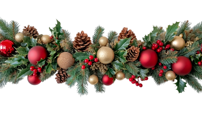 Festive Christmas garland red gold ornaments pine cones holly berries