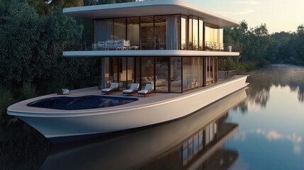Fototapeta premium Modern luxury yacht with glass walls, outdoor pool, sun loungers, and upper deck, floating on calm river at sunset