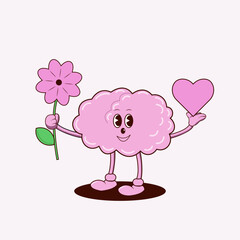 Banner, poster with character brain, brain with smile, groovy style, holding flower and heart