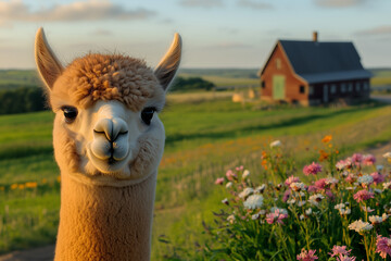 Obraz premium Llama in a field with a remote farmhouse