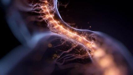 Glowing particles flow through the cervical spine and nervous system of a human body, visualizing multiple sclerosis and its effects on neural pathways