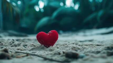 Fototapeta premium A vibrant red heart-shaped object rests on soft sand, symbolizing love, emotion, and connection, captured in a serene and idyllic beach setting that evokes warmth.