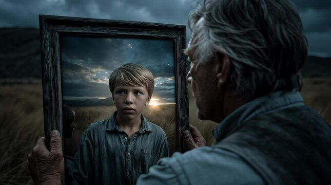 An old man gazing into a his young self reflection now and then