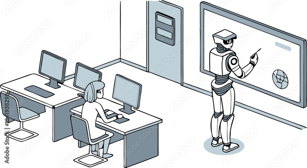 Poster illustration of a robot teaching in a classroom with a student working on a computer at a desk near 