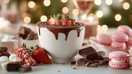 An inviting chocolate fondue surrounded by fresh strawberries and other sweet treats, showcasing the delightful and indulgent experience of sharing dessert with loved ones.