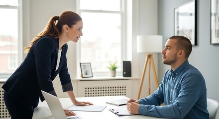Candid Office Exchange: Leader Engaging with Team Member at Workspace