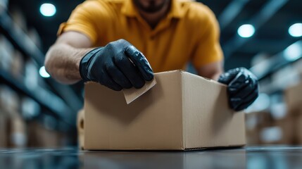 A focused individual packs a box in a warehouse, illustrating themes of diligence and organization, highlighted by the blur of warehouses and bright lights in the background.