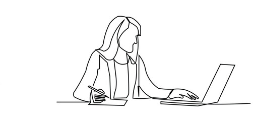 Woman Working on Laptop Line Art, Business Productivity Graphic